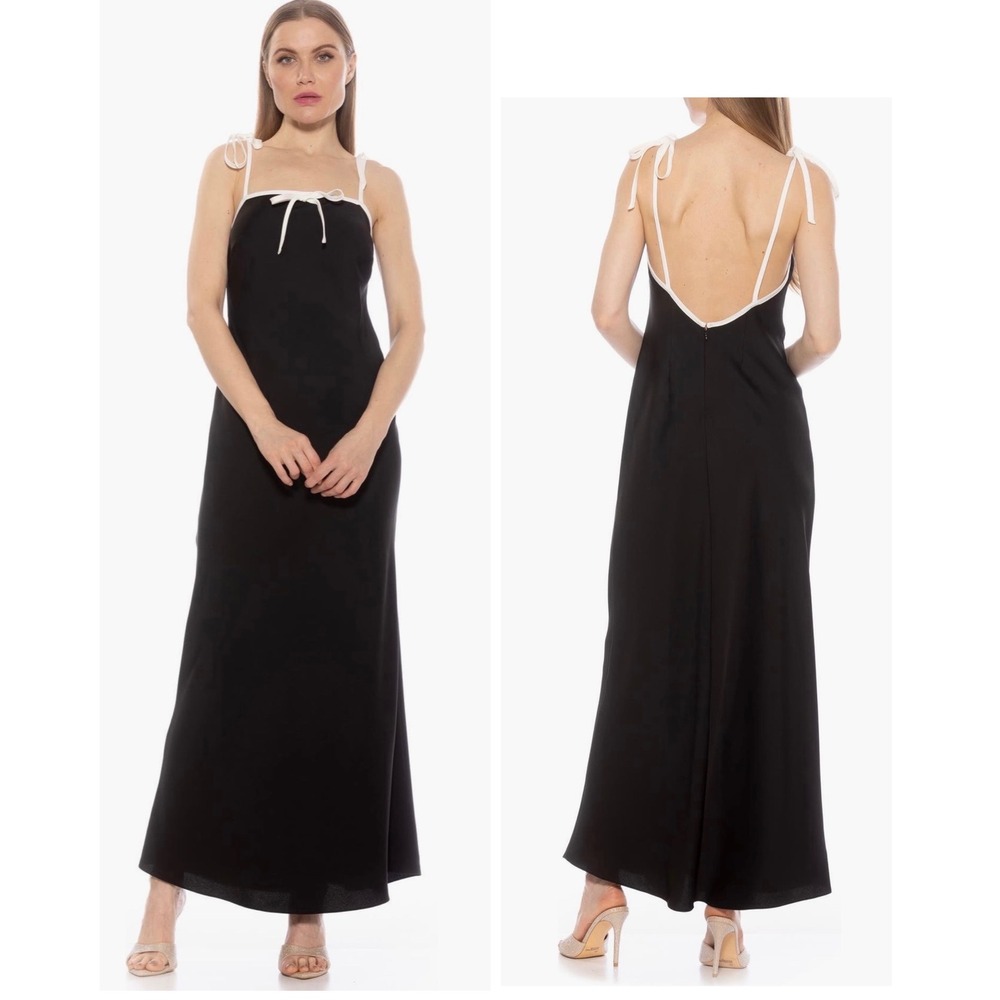Alexia Admor Alden Maxi Dress Womens 8 Black White Tie Strap Bow Detail Backless